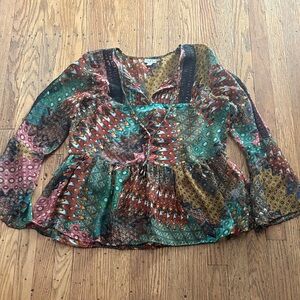 Antilia Femme Semi Sheer Peasant Boho Long Bell Sleeve Top Rust Teal M